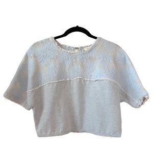 Dance & Marvel Short Sleeve Lace Front Blue Denim Crop Top size S